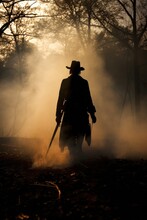 Soldier Silhouette From The Civil War Era Period. Sunset In The Battlefield. Walking In The Woods. The Civil War Of The United States