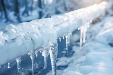 In The Midst Of A Cold January Day, Sharp Icicles Hang From Frozen Water Pipes