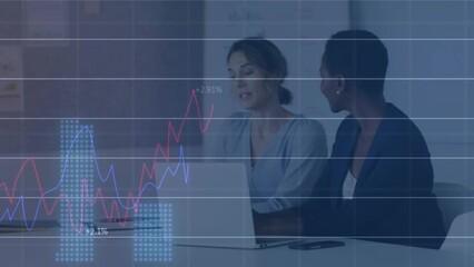 Poster - Animation of statistical data processing against two diverse businessowomen disussing at office