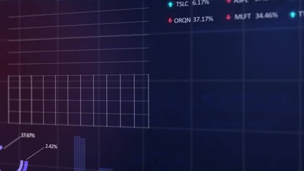 Poster - Animation of statistical and stock market data processing against purple gradient background