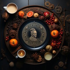 Wall Mural - a plate with a picture of a man on it surrounded by various fruits