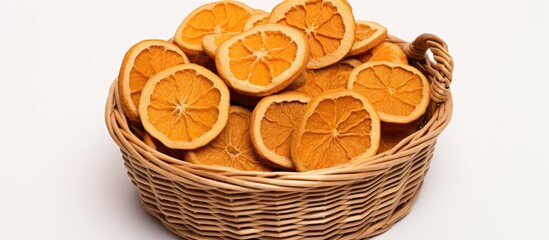 Canvas Print - Wicker basket holds dried oranges on white background