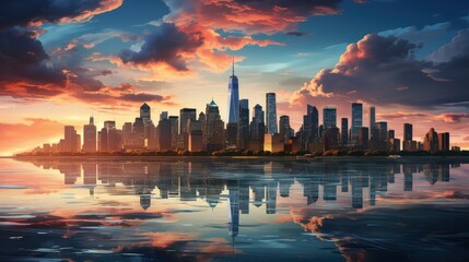 Sunset over city skyline with reflections in water, iconic tower and bridge in view.