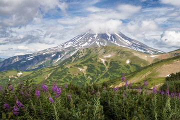 Wall Mural - View of the volcano. Travel and tourism on the Kamchatka Peninsula. Beautiful nature of Siberia and the Russian Far East. Vilyuchinsky Volcano (Vilyuchinskaya Sopka), Kamchatka Territory, Russia.