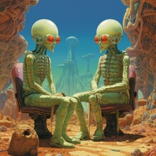 Two Aliens Sitting In Chairs In A Desert