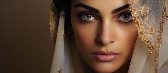 Poster - Studio shot of a charming Middle Eastern woman with captivating eyes exuding a festive and playful atmosphere