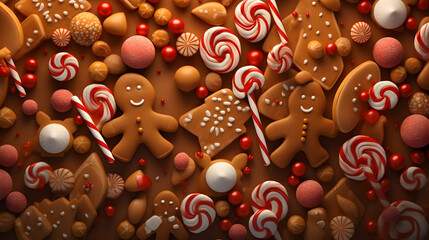 Wall Mural - Abstract background with Christmas gingerbread pieces and cookies on brown background. Horizontal composition.