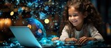 Fototapeta  - Szczęśliwa dziewczynka ucząca się przed nowoczesnym komputerem i korzystająca z technologii. 