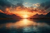 Fototapeta  - Wschód słońca nad górskim jeziorem. 
