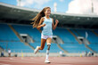 © MNStudio - Motivated disabled athlete teenage girl with prosthetic leg running on a stadium.