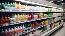 Supermarket Aisle With Colorful Shelves In Shopping Mall Interior For Background, Blurred Background.