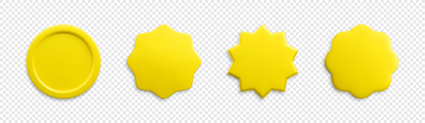 Vector 3d empty gold stickers set. Trendy golden realistic starburst price tag, round badge warranty sign, plastic wavy quality mark on transparent background. 3d render metallic certificate badges.