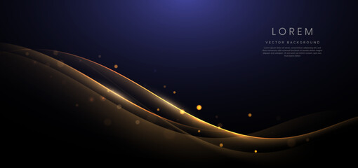 Gold curved ribbon on dark blue background with lighting effect and sparkle with copy space for text. Luxury design style.