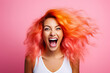 Orange-haired woman shaking her hair, appearing fun and cool