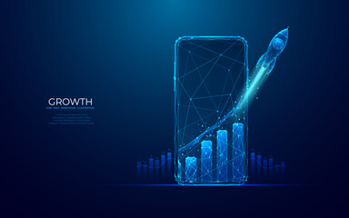 Poster - Abstract launch rocket with growth graph chart on a smartphone screen in light blue futuristic hologram style. Success business and start-up concept. Low poly wireframe vector illustration. 