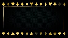 Luxury Gold Title Border Background. Black Abstract Text Banner. Blank Vip Backdrop With Golden Frame And Poker Card Suits. Copy Space For Grand Casino Royal Logo Or Title Text