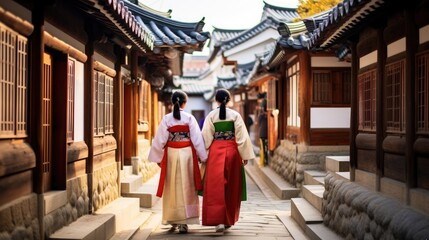 Wall Mural - Back of two woman wearing hanbok walking through the traditional style houses of Bukchon Hanok Village in Seoul, South Korea.
