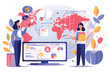 Global online survey analysis. World map, marketing strategy, flat design