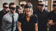 Blindfold game scavenger hunt. Office team building game or ice breaker at a business conference.

