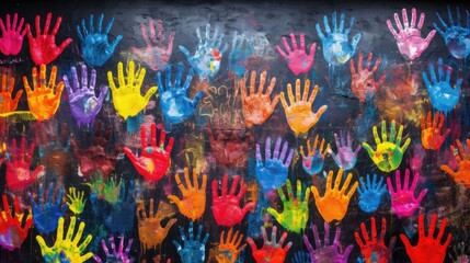 Wall Mural - Colorful handprints on a black wall
