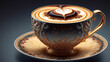 ハートのラテアートが浮いているグレーにゴールドの装飾が施されたコーヒーカップとソーサー　AI生成画像