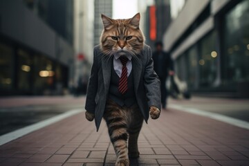 Business cat walking the city streets with purpose.