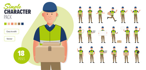 Wall Mural - Simple flat delivery driver courier worker vector character in a set of multiple poses. Easy to edit and isolated on a white background. Modern trendy style character mega pack with lots of poses.