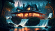滝の音と蛍の光が心地よい夜の森に隠れた水辺の家　AI生成画像