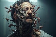 Generative AI, Man With Cordyceps Growing On And Out Of His Face And Head, Zombie