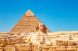 Pyramid of Khafre and the Great Sphinx. Great Egyptian pyramids.
