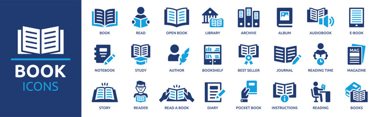 Book icon set. Containing library, read, author, journal, reading, bookshelf, magazine, e-book and more. Vector solid icons collection.