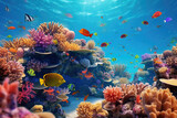 Fototapeta Las - Underwater with colorful sea life fishes and plant at seabed background, Colorful Coral reef landscape in the deep of ocean. Marine life concept, Underwater world scene.