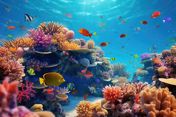 Sticker - Underwater with colorful sea life fishes and plant at seabed background, Colorful Coral reef landscape in the deep of ocean. Marine life concept, Underwater world scene.