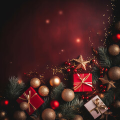 Wall Mural - Festive Christmas or New Year red background with decorations and gift boxes. Top view.