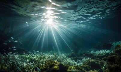 Underwater view of a tropical coral reef with fishes and rays of light