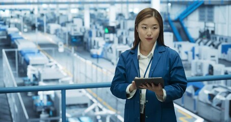 Aufkleber - Portrait of a Beautiful Japanese Engineer Using Tablet Computer and Looking Around a Factory Facility with Equipment Producing Modern Electronic Components for Different Industries
