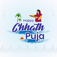 Wall Mural - Happy Chhath Puja Indian festival ritual celebration background, poster, and banner design. vector illustration.