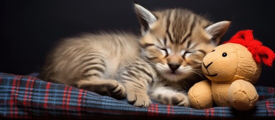 Poster - Scottish kitten napping beside toy bear on pillow