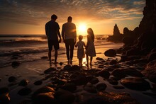 Happy Lgbt Gay Family Travel Together With Son And Daughter , Family Walking Together At Sea Shore, Generative Ai