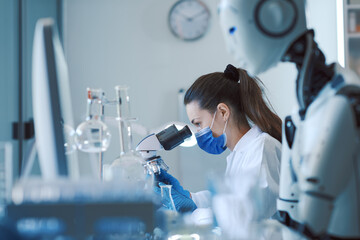 Wall Mural - scientist and humanoid ai robot in the science lab