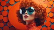 Fashion retro futuristic girl on background with circle pop art background. Woman in sunglasses in surrealistic 60s-70s disco club culture life style