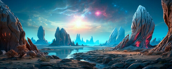Wall Mural - Wide-angle shot of an alien planet landscape. Breathtaking panorama of a desert planet with canyons and strange rock formations. Fantastic extraterrestrial landscape. Sci-fi wallpaper.