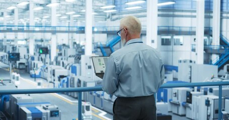 Poster - Middle Aged Engineer Monitoring and Analyzing Conditions at an Automated Modern Electronics Factory with Mobility Robots Working with the Help of Artificial Intelligence Software. Back View Footage