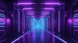 Fototapeta Do przedpokoju - Abstract background of futuristic corridor with purple and blue neon lights