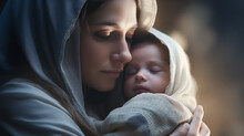 Portrait Of Mary With Baby Jesus In Her Arms. Nativity Of Jesus. Christmas Concept.