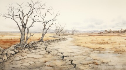 Sticker - A watercolor painting of a dry field with trees, AI