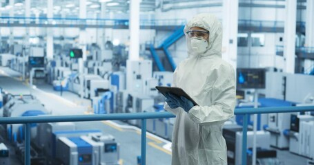 Aufkleber - Industrial Scientist Wearing Disposable Protective Suit, Mask and Goggles at a Production Plant. Female Using Tablet Computer, Analyzing Potential Work Hazards and Contamination at a Workplace