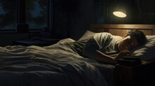 A man sleeping in bed with a lamp on, AI