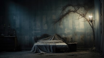 Canvas Print - An old bedroom with a bed and a tree, AI