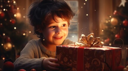 Wall Mural - A child holding a christmas gift box, AI